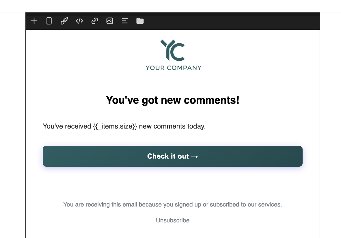 Email editor interface showing batching template configuration with merge tags