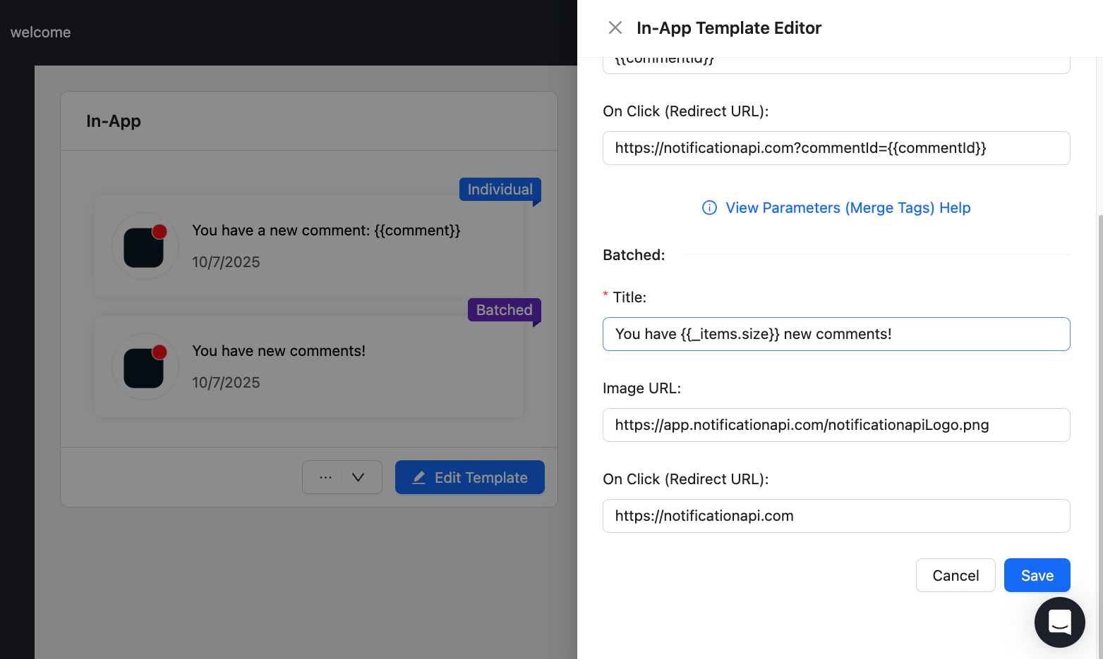 In-app notification editor showing batch configuration with dynamic item count