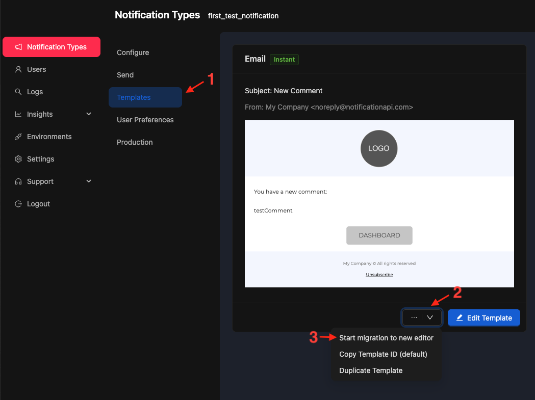Migration menu showing the 'Start migration to new editor' option