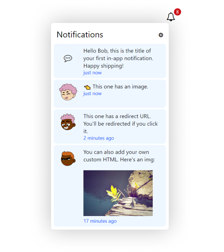 In-app notification interface showing notification center widget