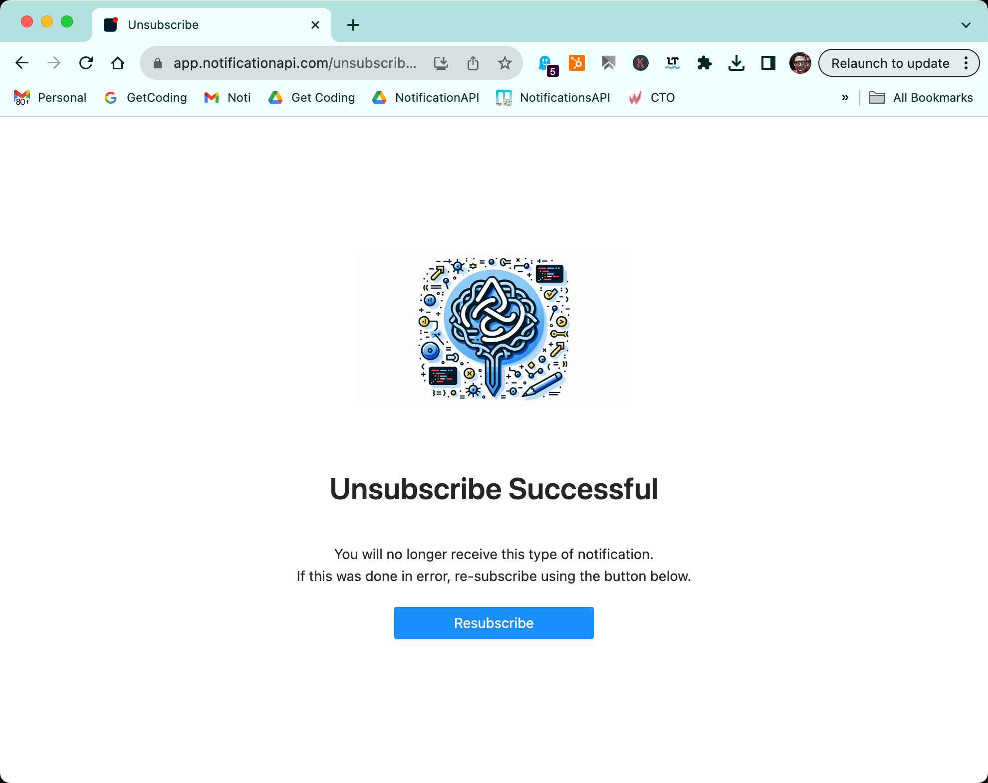 NotificationAPI unsubscribe confirmation page with re-subscribe option